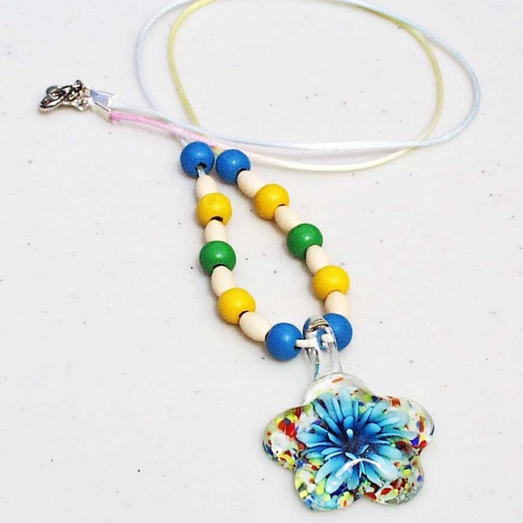 BLOWN GLASS FLOWER WITH BLUE LAMPWORK GLASS, 24 INCHES LONG, ON SATIN CORD WITH - Picture 2 of 2